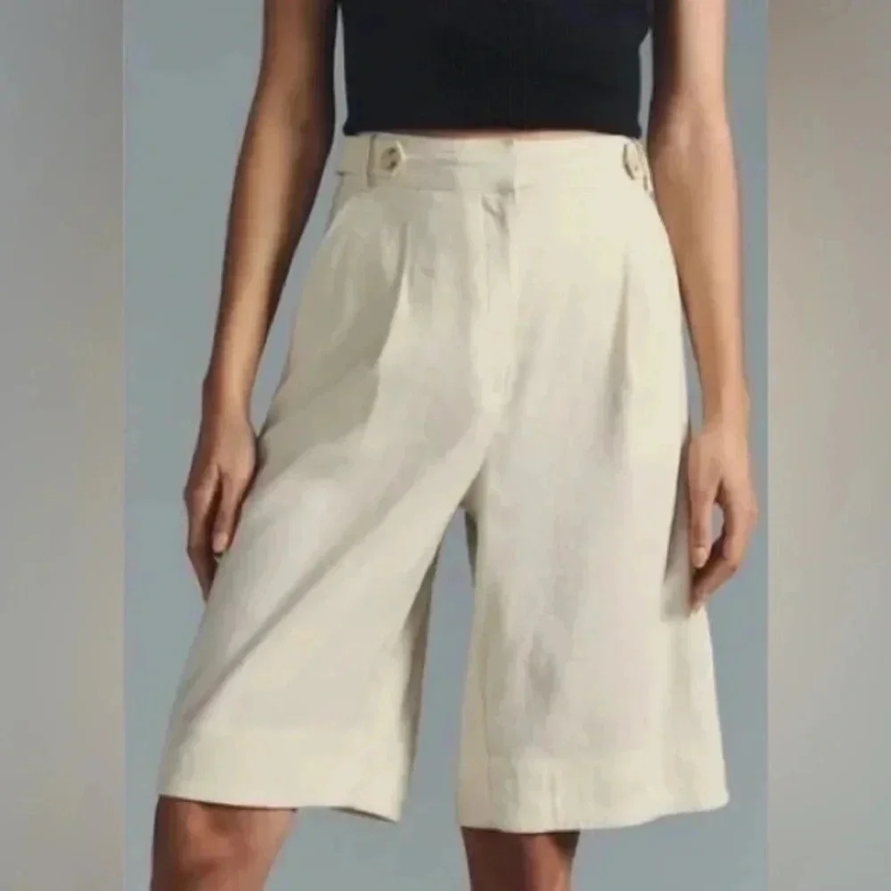 Meave By Anthropologie Long Lined Linen Blend Ivory Shorts Size 8 - Picture 1 of 9